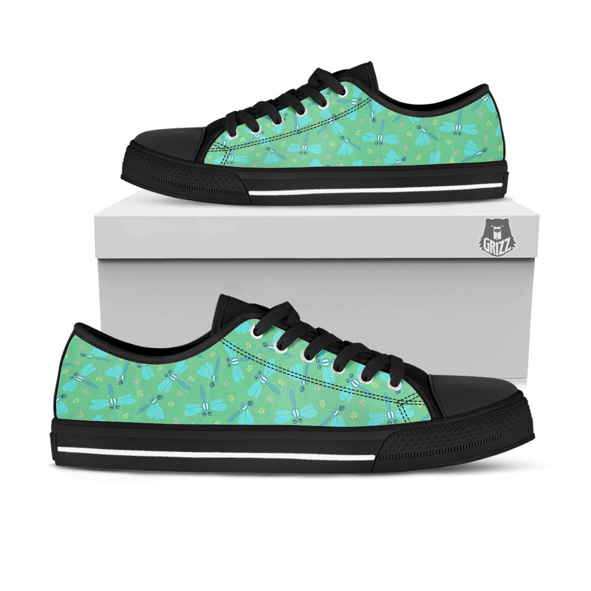 Dragonfly Green Print Pattern Black Low Top Shoes-grizzshop