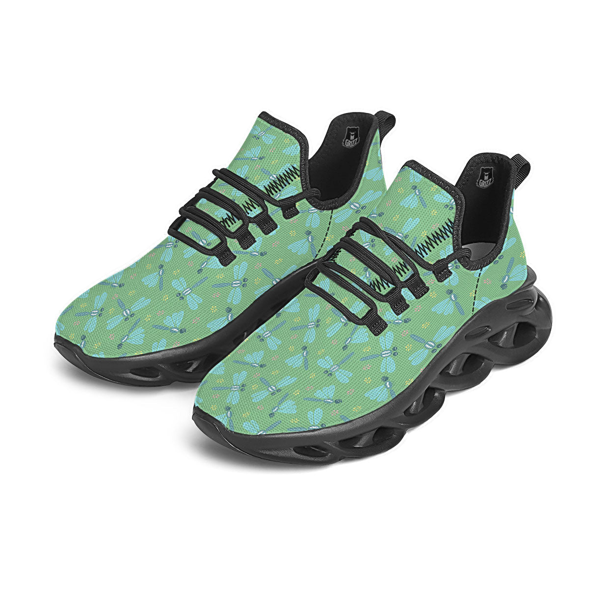 Dragonfly Green Print Pattern Black Running Shoes-grizzshop
