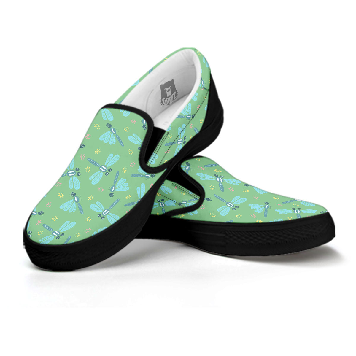 Dragonfly Green Print Pattern Black Slip On Shoes-grizzshop