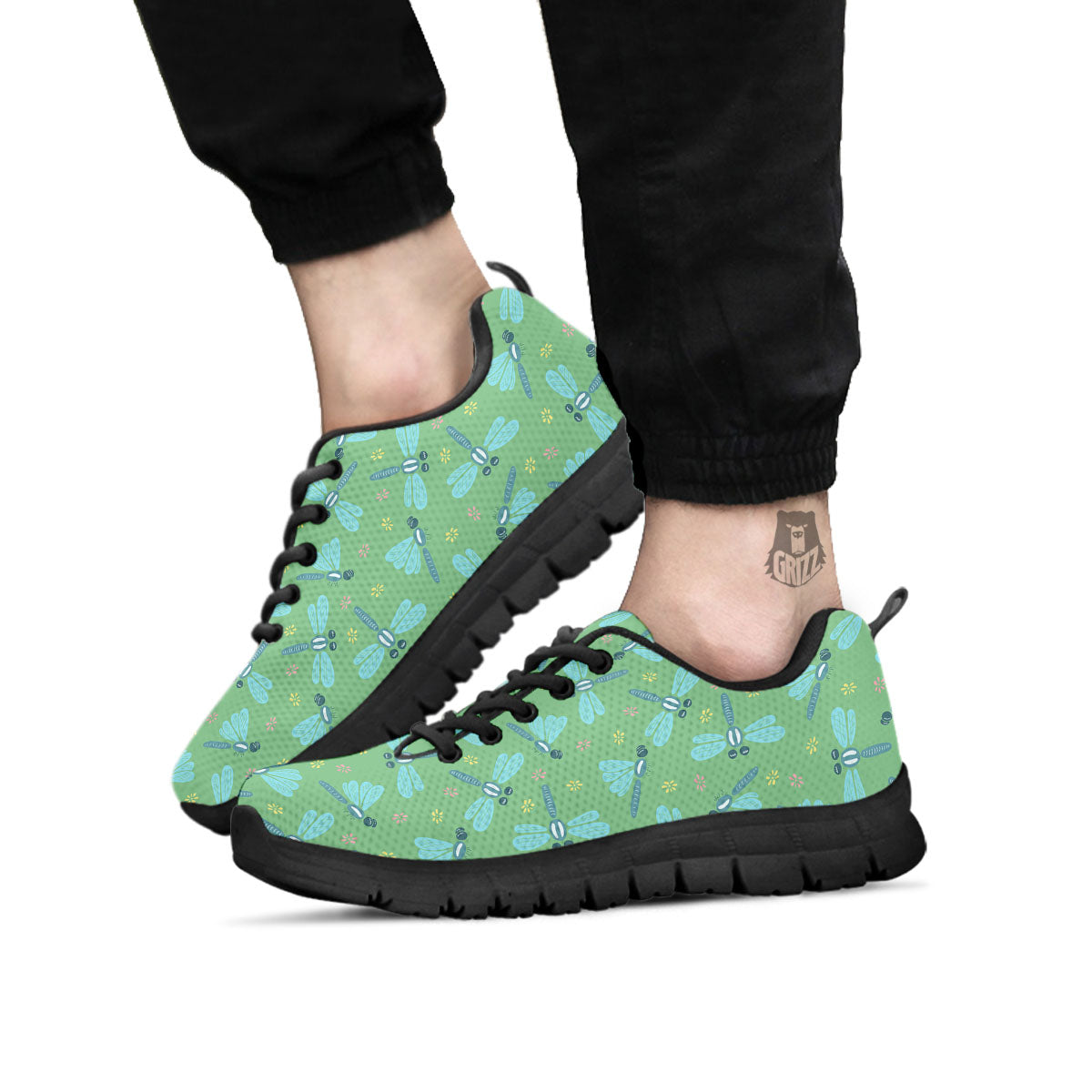 Dragonfly Green Print Pattern Black Sneaker-grizzshop
