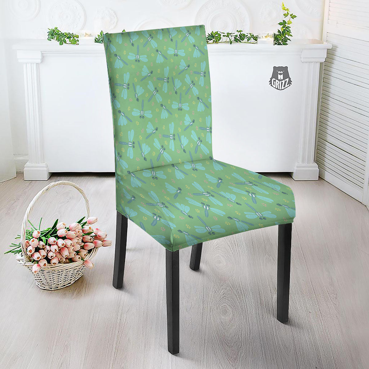 Dragonfly Green Print Pattern Dining Chair Slipcover-grizzshop