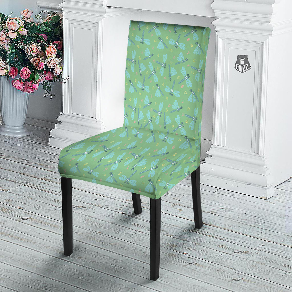 Dragonfly Green Print Pattern Dining Chair Slipcover-grizzshop