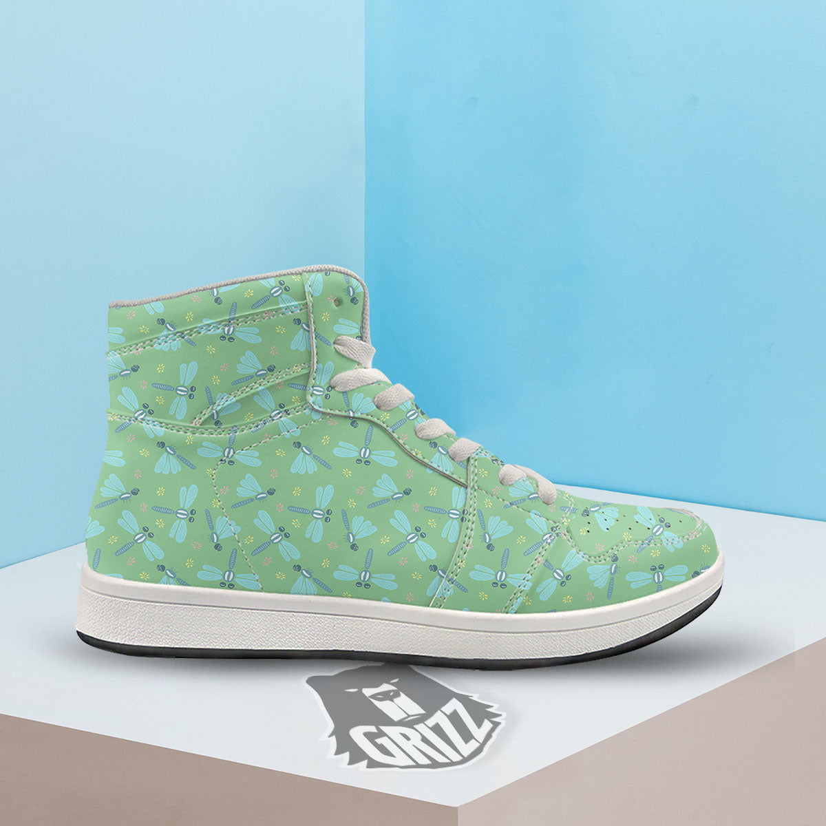 Dragonfly Green Print Pattern High Top Sneakers-grizzshop