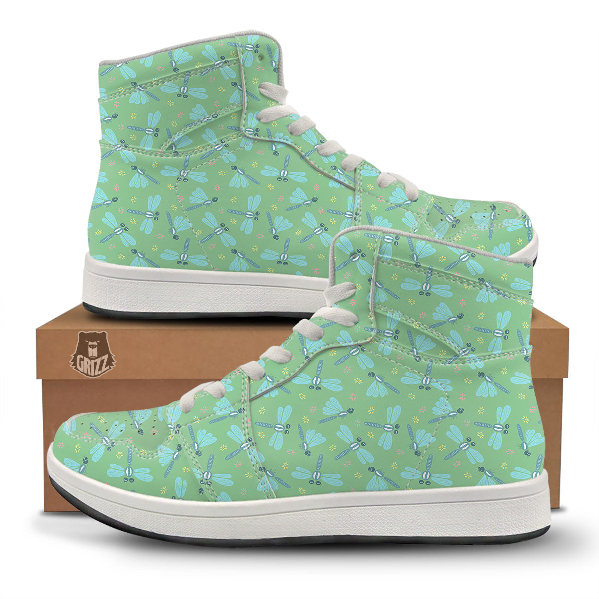Dragonfly Green Print Pattern High Top Sneakers-grizzshop