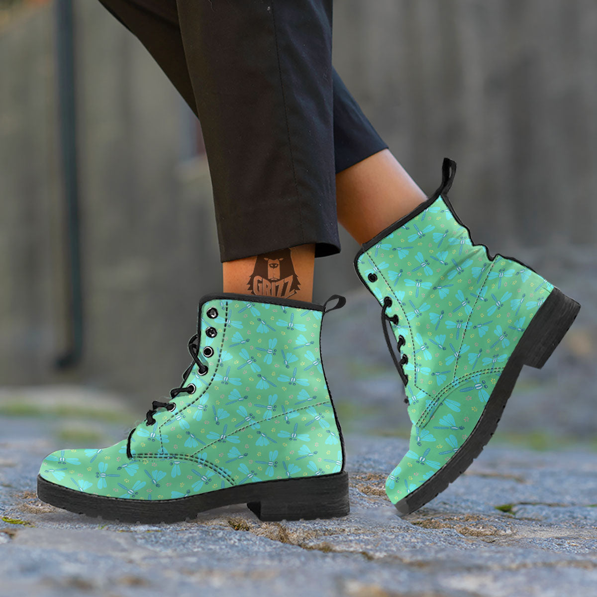 Dragonfly Green Print Pattern Leather Boots-grizzshop