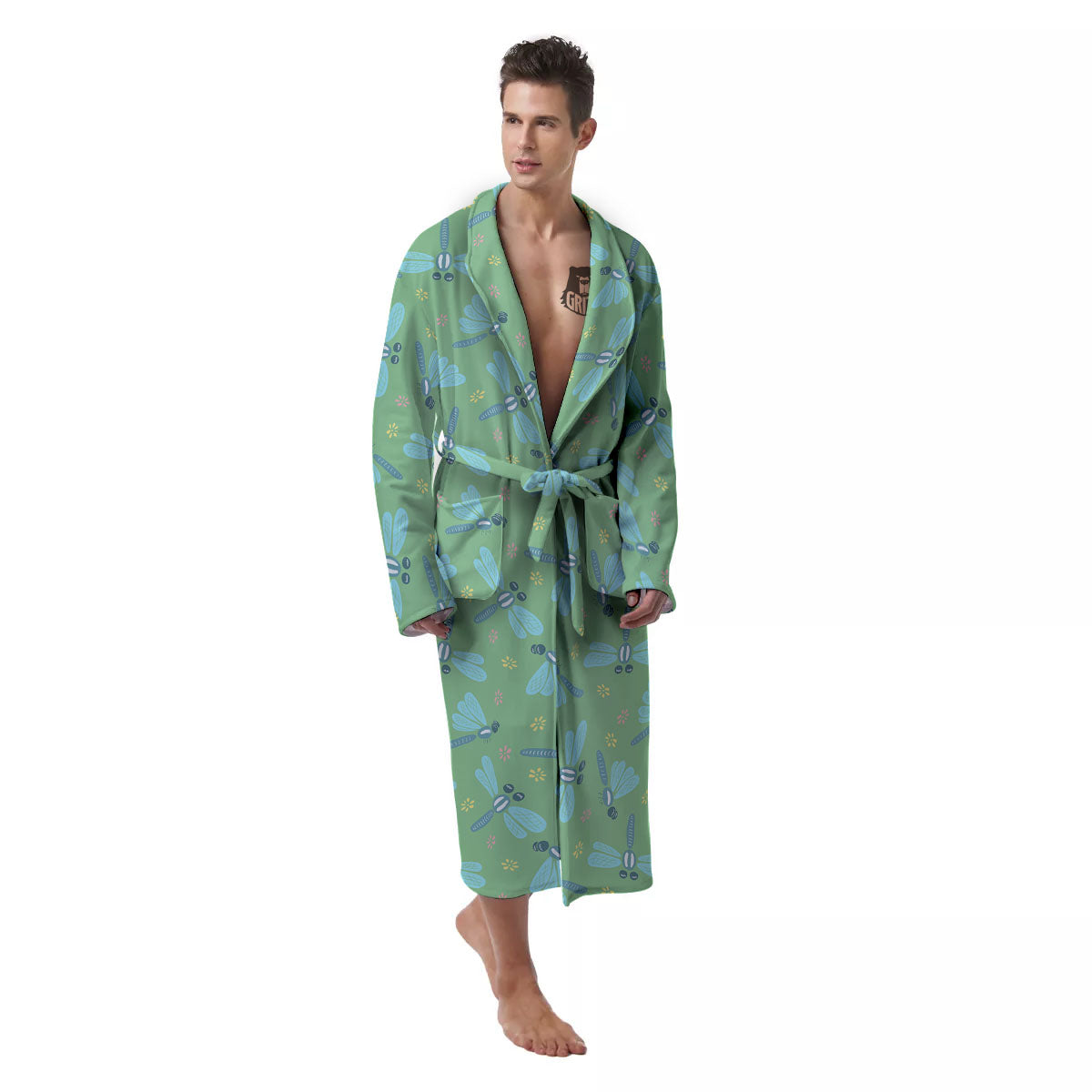 Dragonfly Green Print Pattern Men's Robe-grizzshop