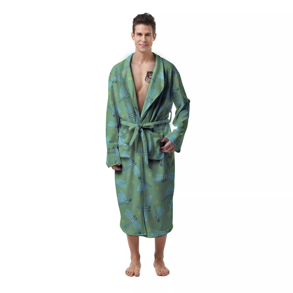 Dragonfly Green Print Pattern Men's Robe-grizzshop