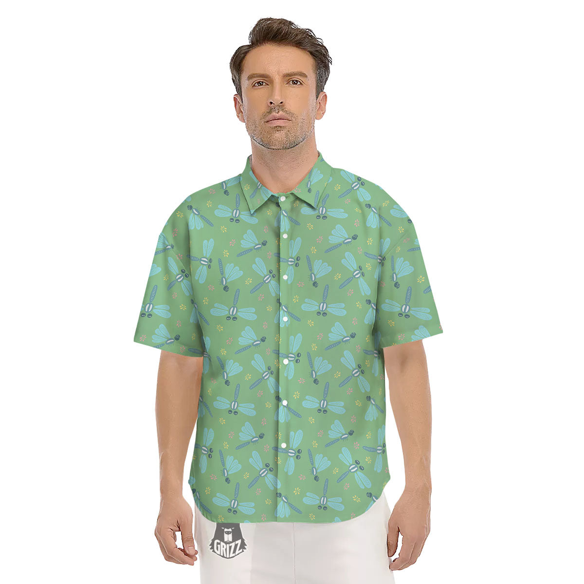Dragonfly Green Print Pattern Men's Short Sleeve Shirts-grizzshop
