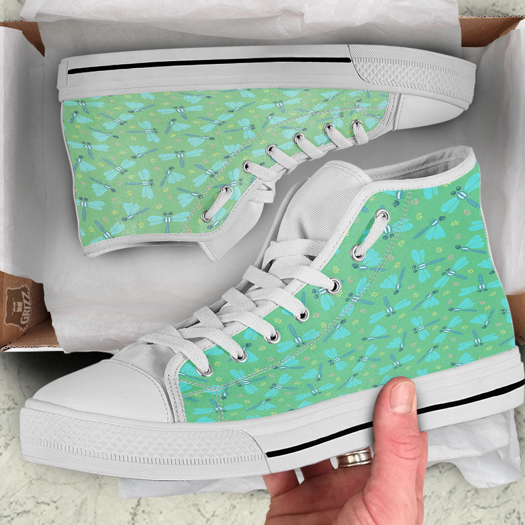 Dragonfly Green Print Pattern White High Top Shoes-grizzshop