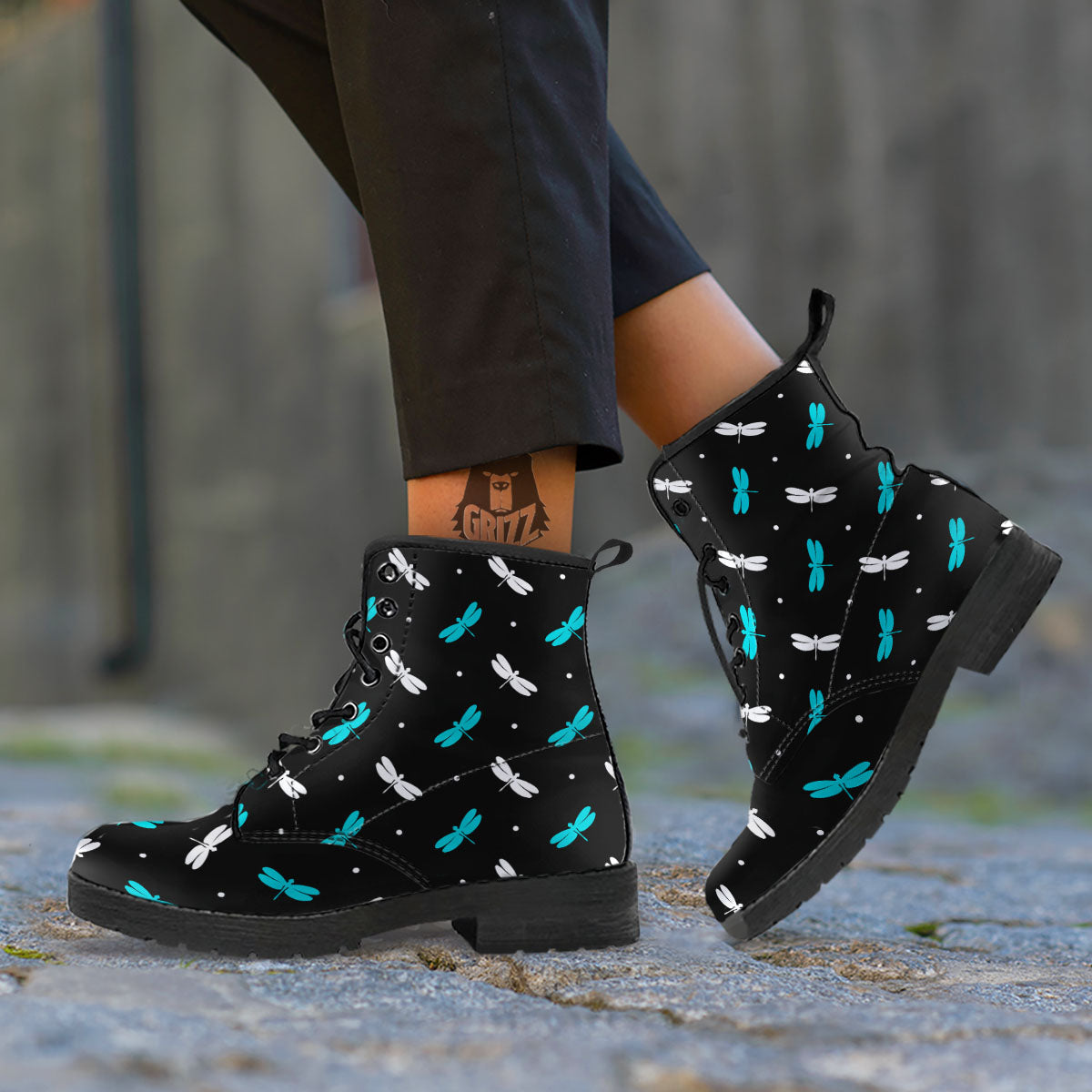 Dragonfly Polka Dot Print Pattern Leather Boots-grizzshop
