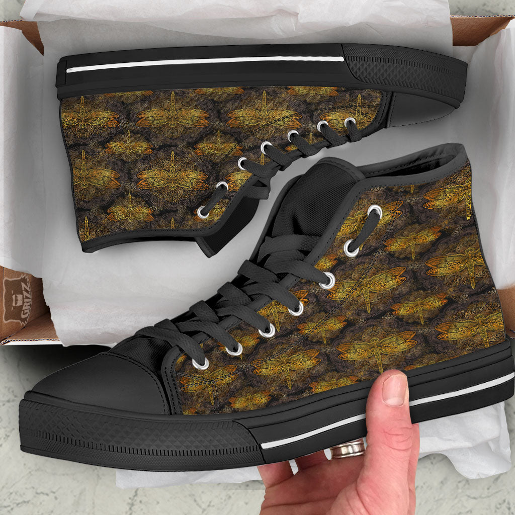 Dragonfly Spiritual Golden Print Black High Top Shoes-grizzshop