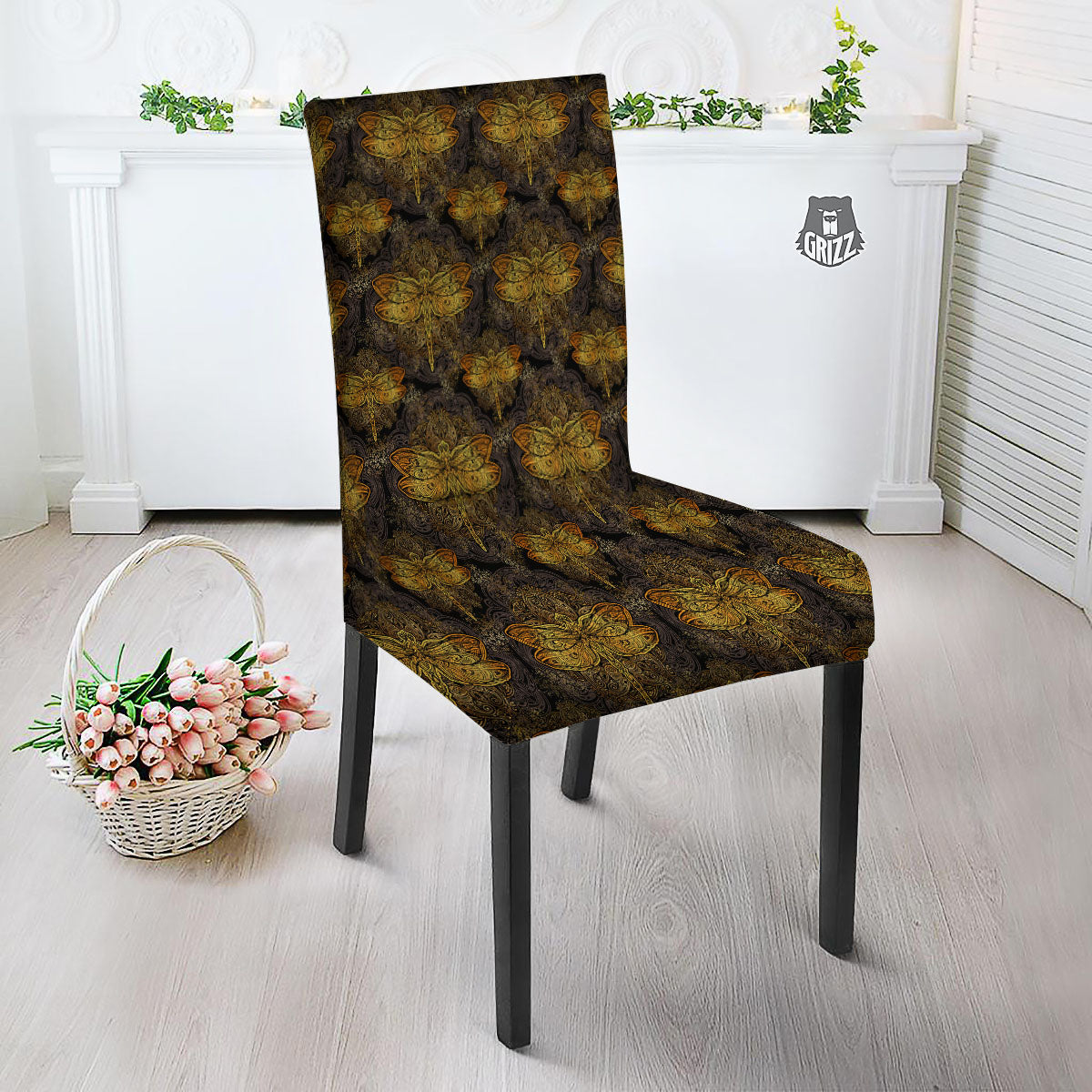 Dragonfly Spiritual Golden Print Dining Chair Slipcover-grizzshop