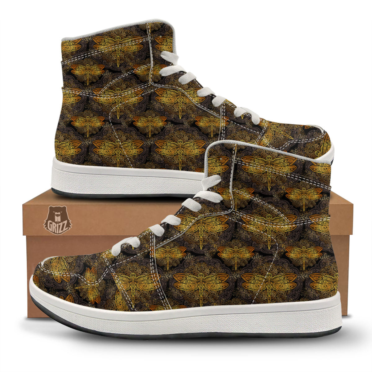 Dragonfly Spiritual Golden Print High Top Sneakers-grizzshop