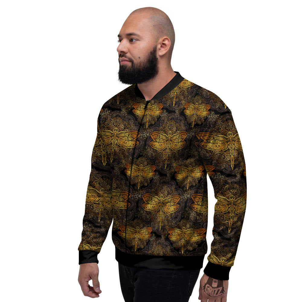 Dragonfly Spiritual Golden Print Men's Bomber Jacket-grizzshop