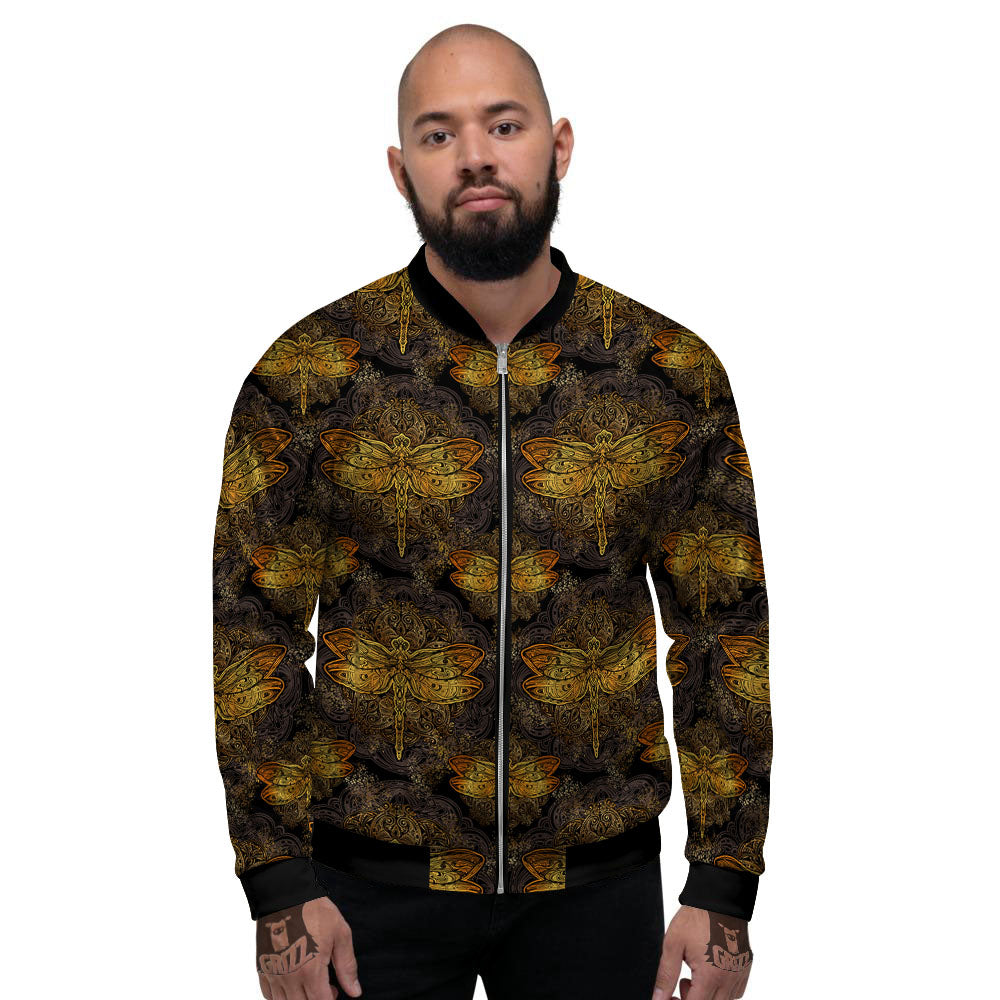 Dragonfly Spiritual Golden Print Men's Bomber Jacket-grizzshop