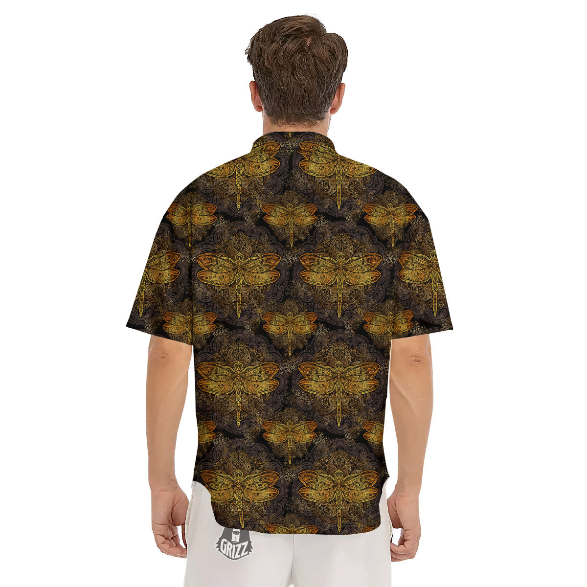 Dragonfly Spiritual Golden Print Men's Short Sleeve Shirts-grizzshop