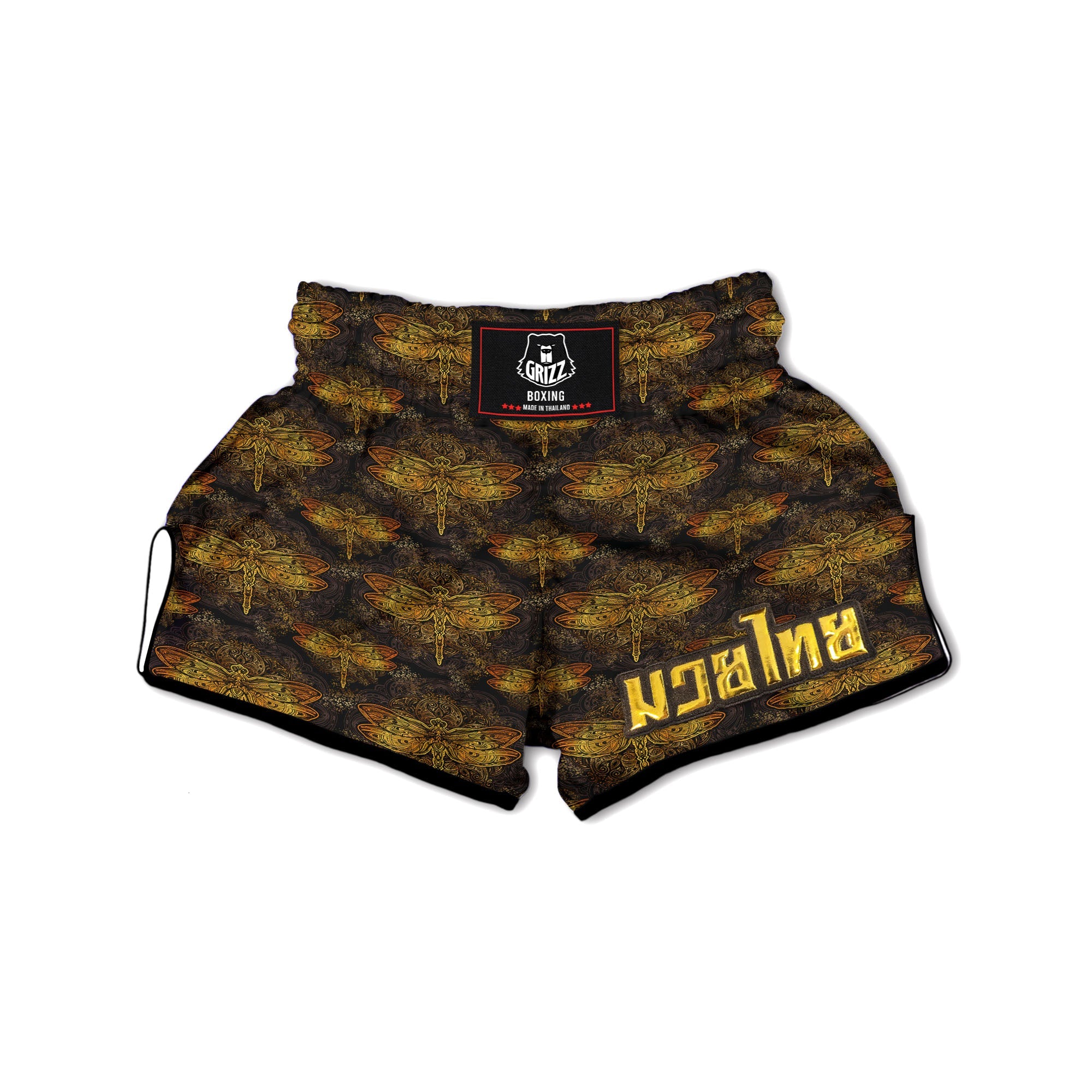 Dragonfly Spiritual Golden Print Muay Thai Boxing Shorts-grizzshop