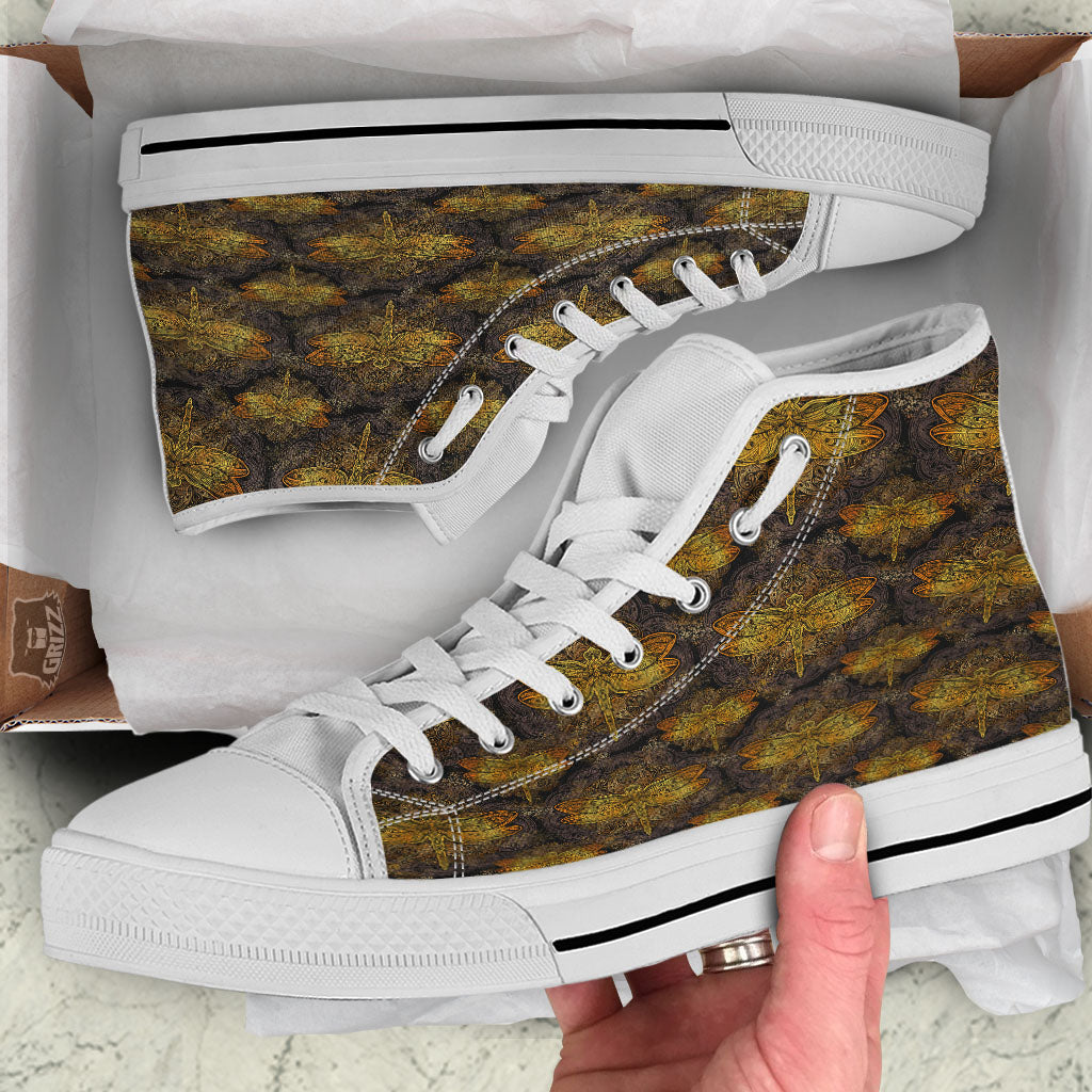 Dragonfly Spiritual Golden Print White High Top Shoes-grizzshop