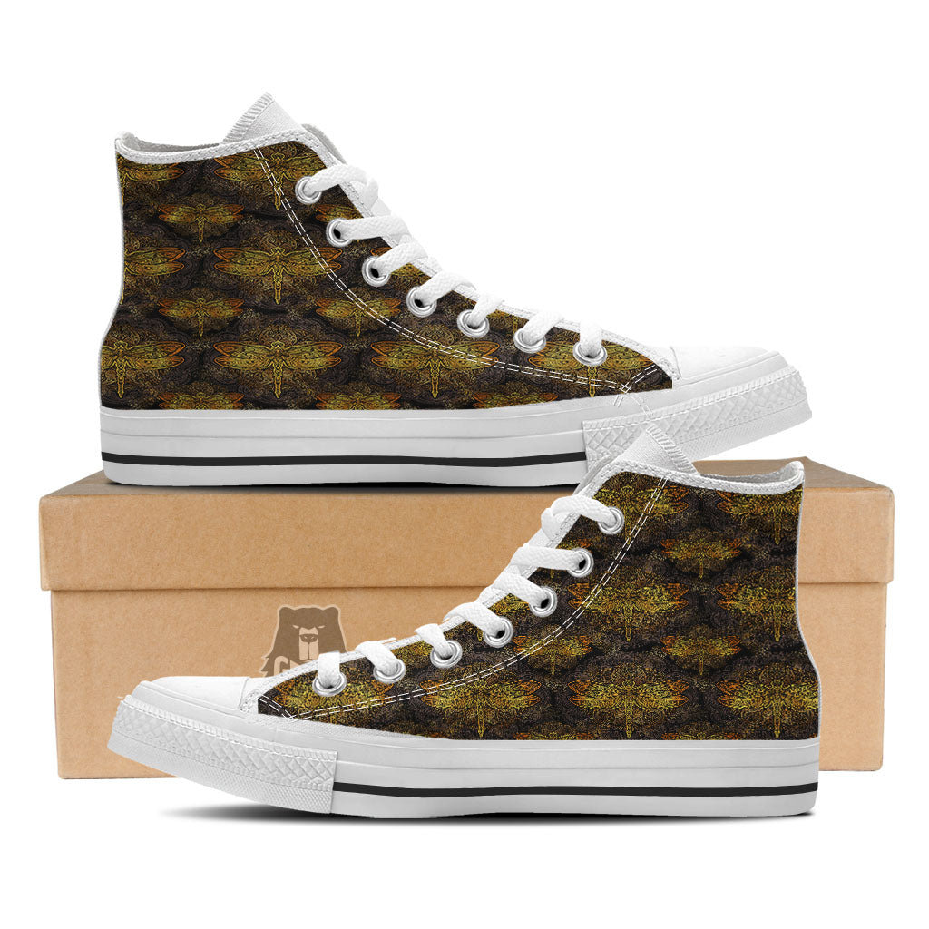 Dragonfly Spiritual Golden Print White High Top Shoes-grizzshop