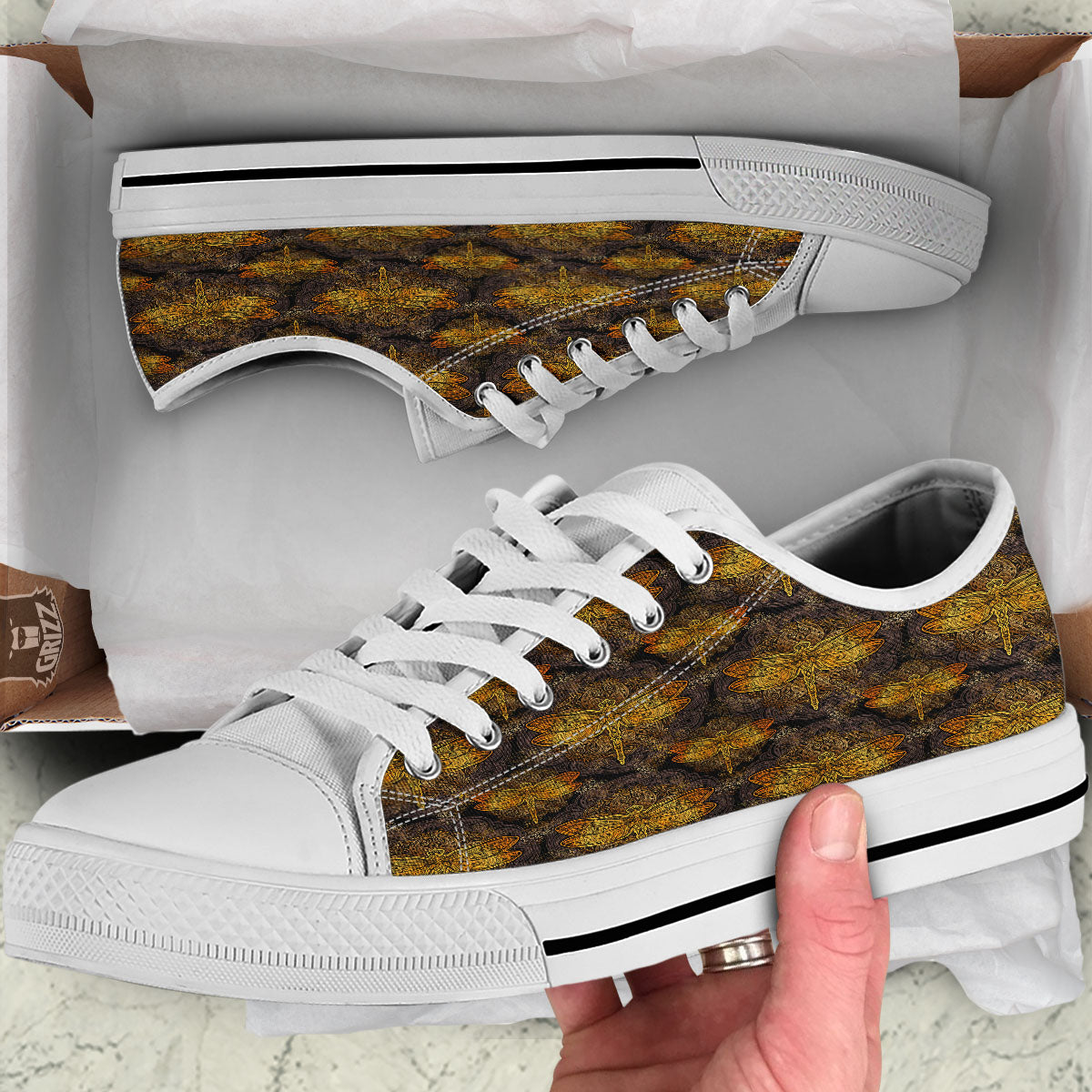 Dragonfly Spiritual Golden Print White Low Top Shoes-grizzshop