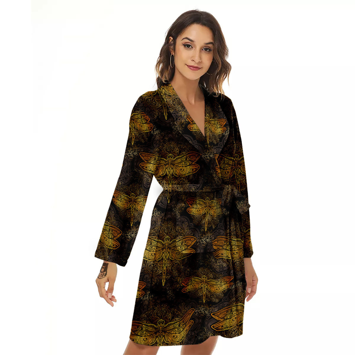 Dragonfly Spiritual Golden Print Women's Robe-grizzshop