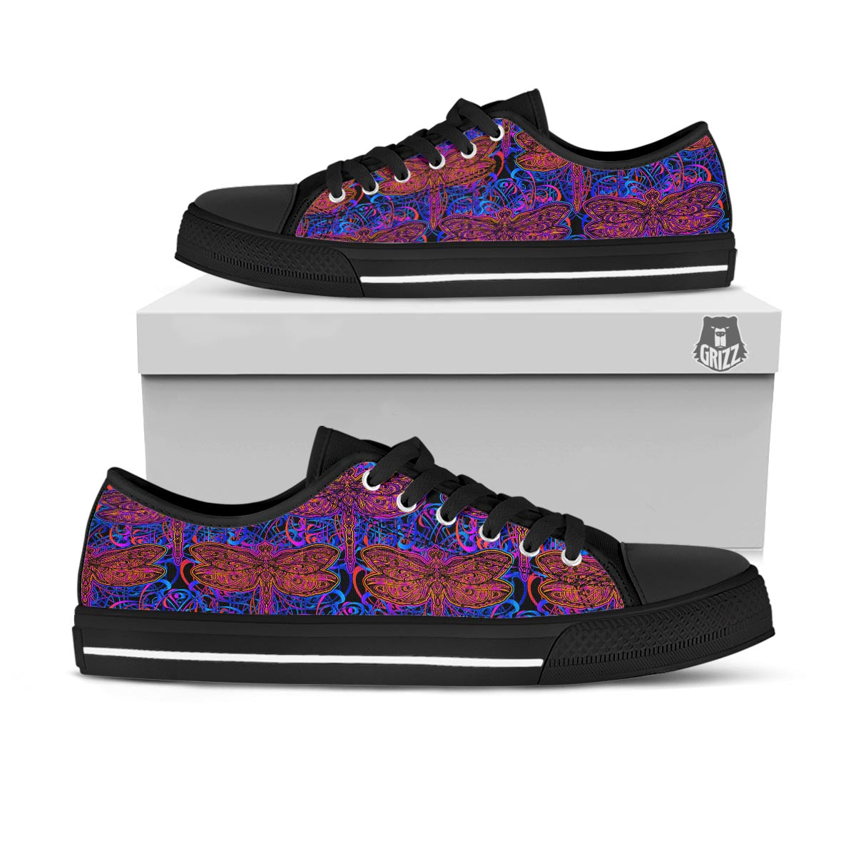 Dragonfly Trippy Print Pattern Black Low Top Shoes-grizzshop