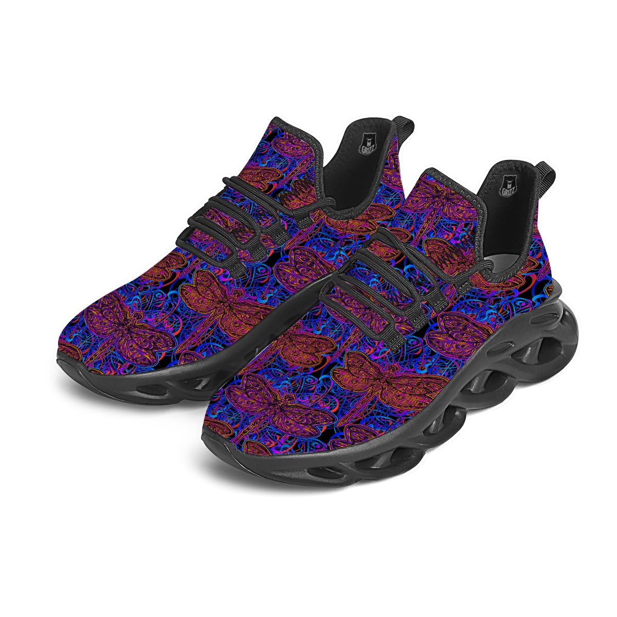 Dragonfly Trippy Print Pattern Black Running Shoes-grizzshop