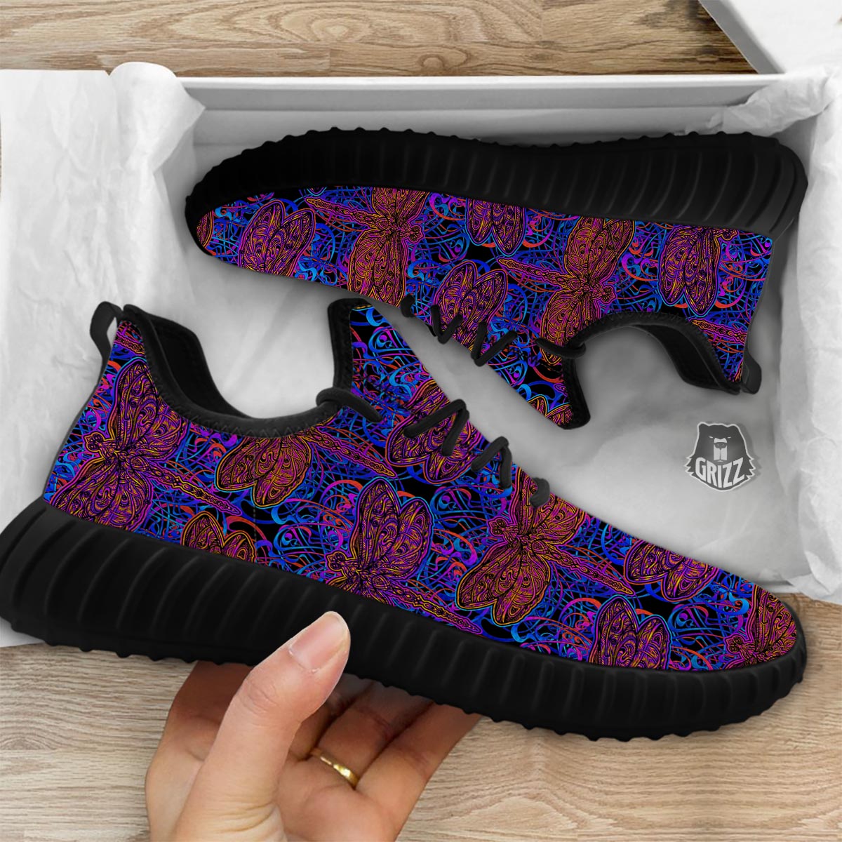 Dragonfly Trippy Print Pattern Black Walking Shoes-grizzshop