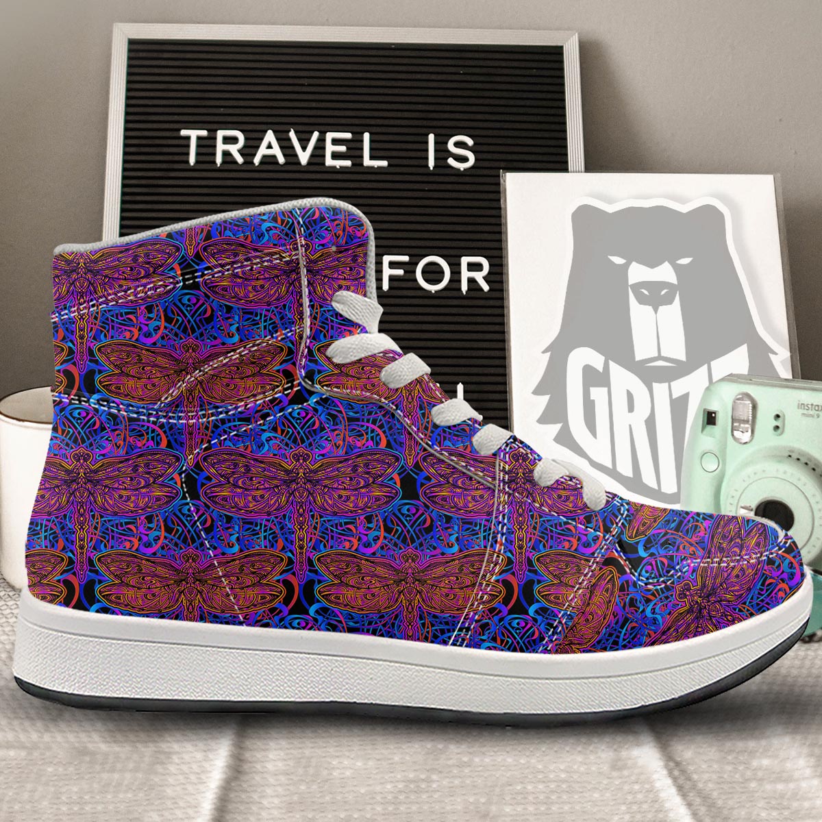 Dragonfly Trippy Print Pattern High Top Sneakers-grizzshop