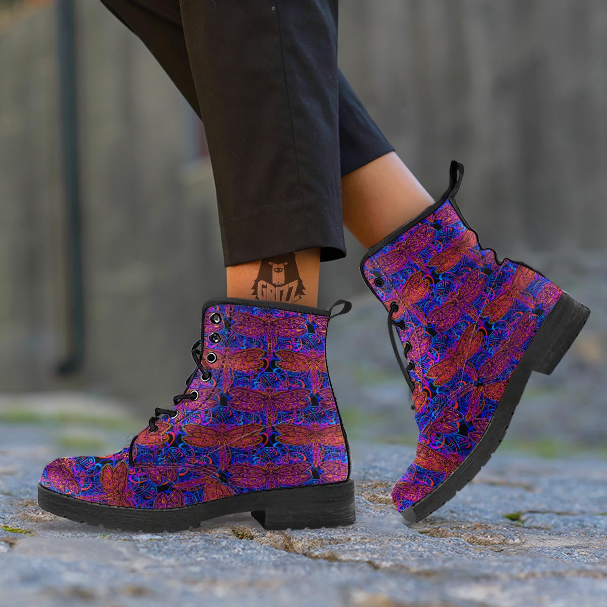 Dragonfly Trippy Print Pattern Leather Boots-grizzshop