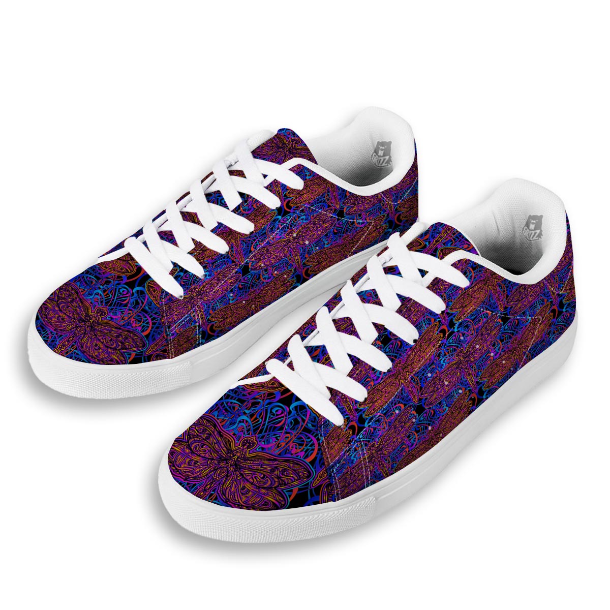 Dragonfly Trippy Print Pattern White Low Top Sneakers-grizzshop