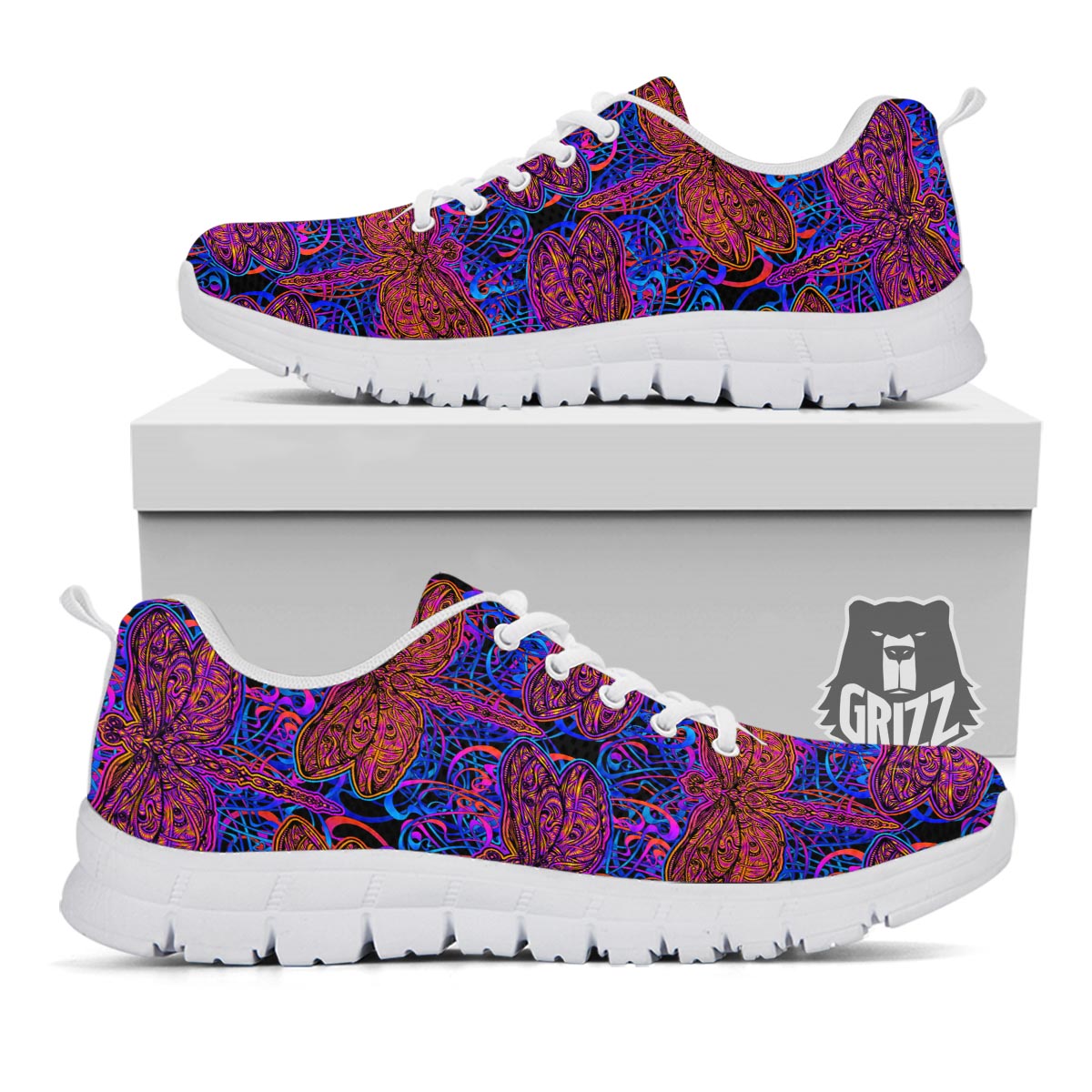Dragonfly Trippy Print Pattern White Sneaker-grizzshop