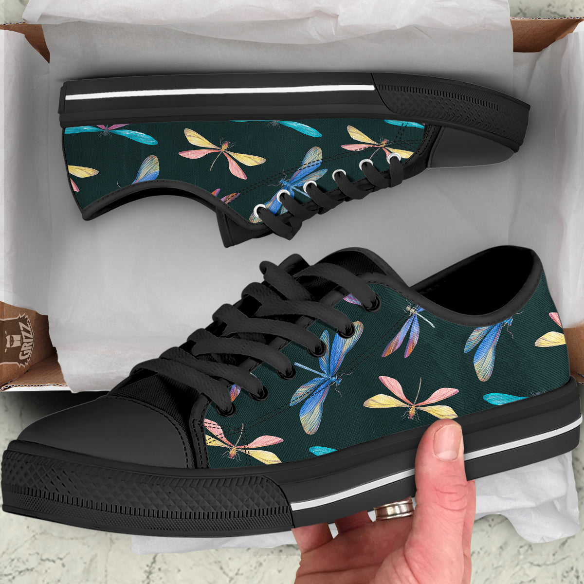 Dragonfly Vintage Print Pattern Black Low Top Shoes-grizzshop