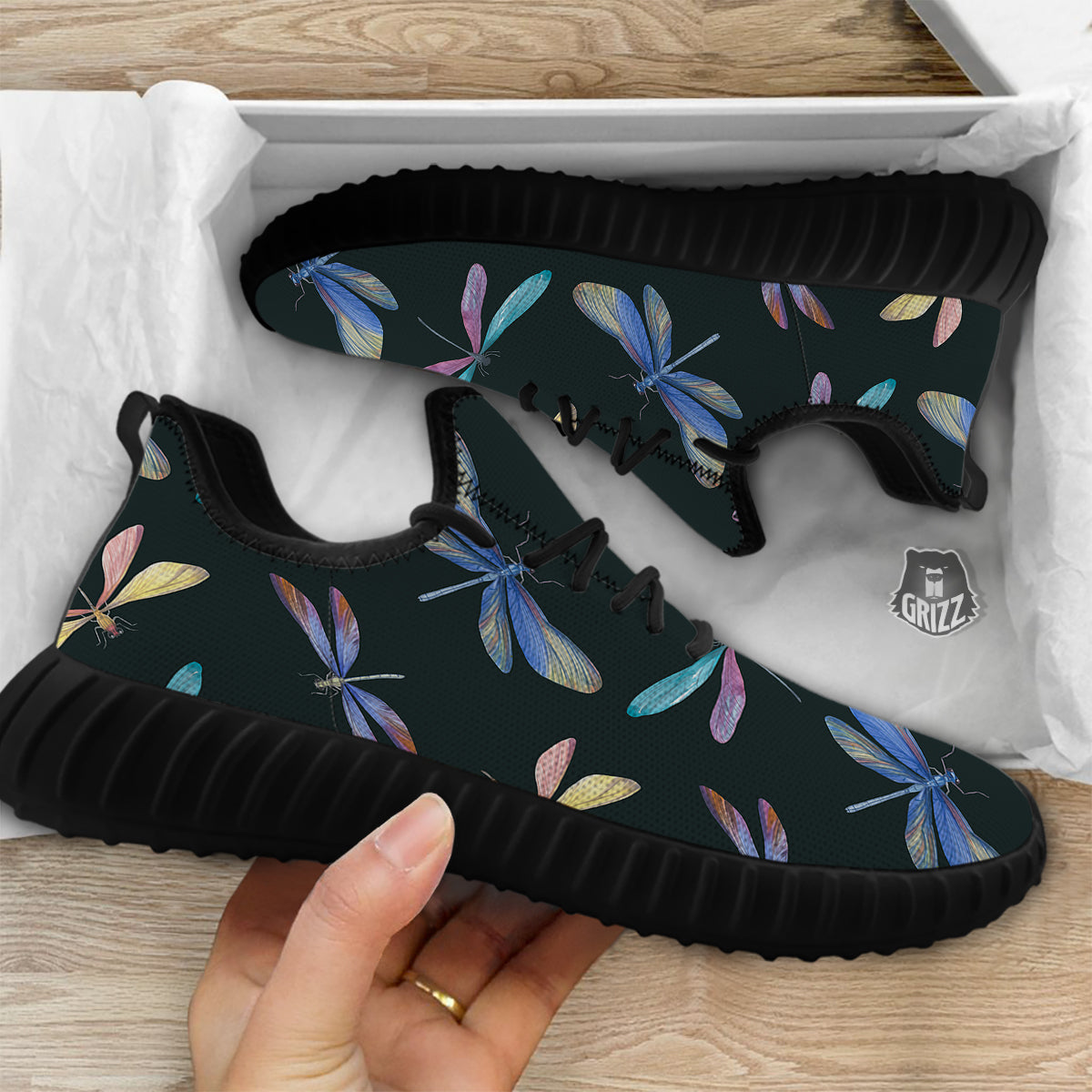 Dragonfly Vintage Print Pattern Black Walking Shoes-grizzshop