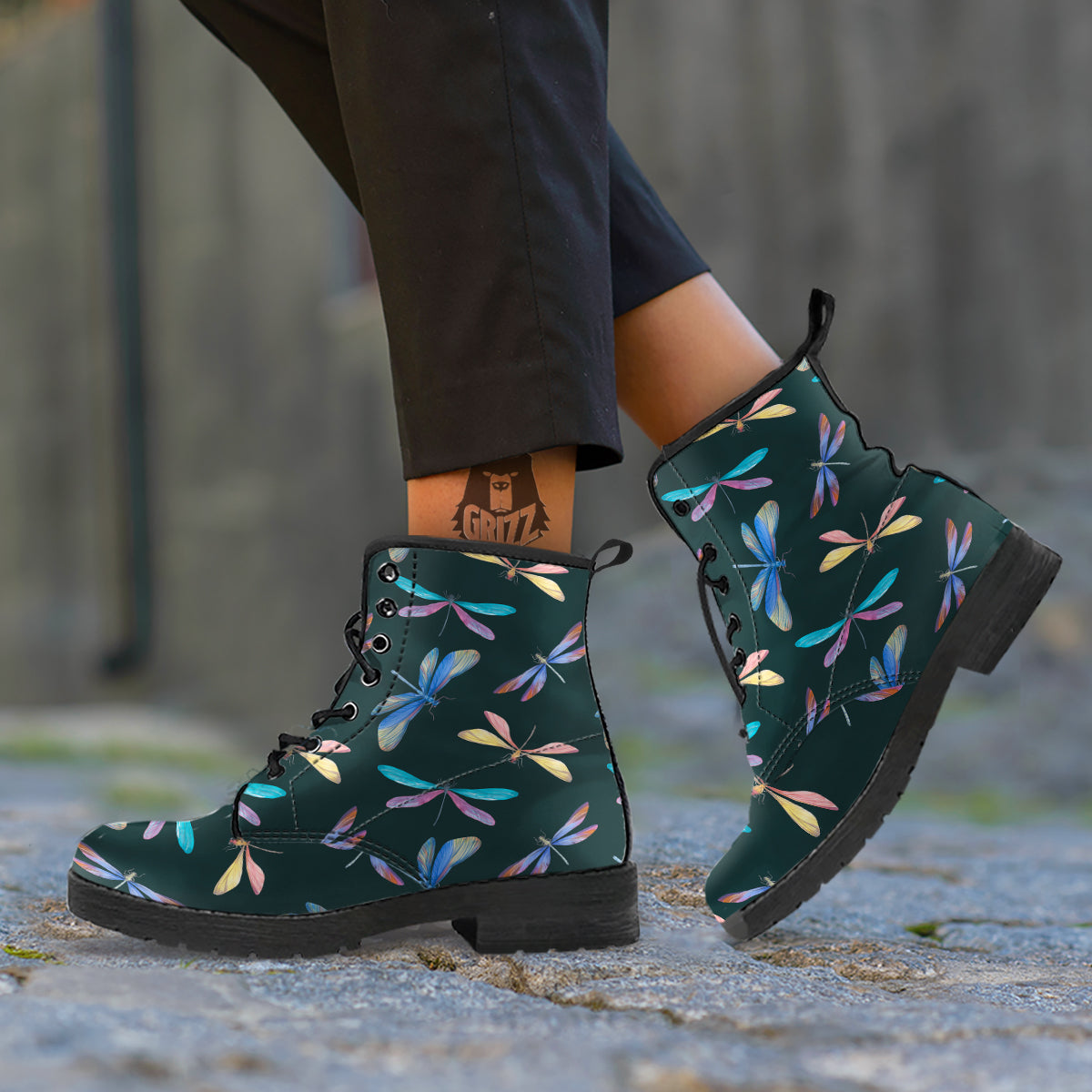 Dragonfly Vintage Print Pattern Leather Boots-grizzshop