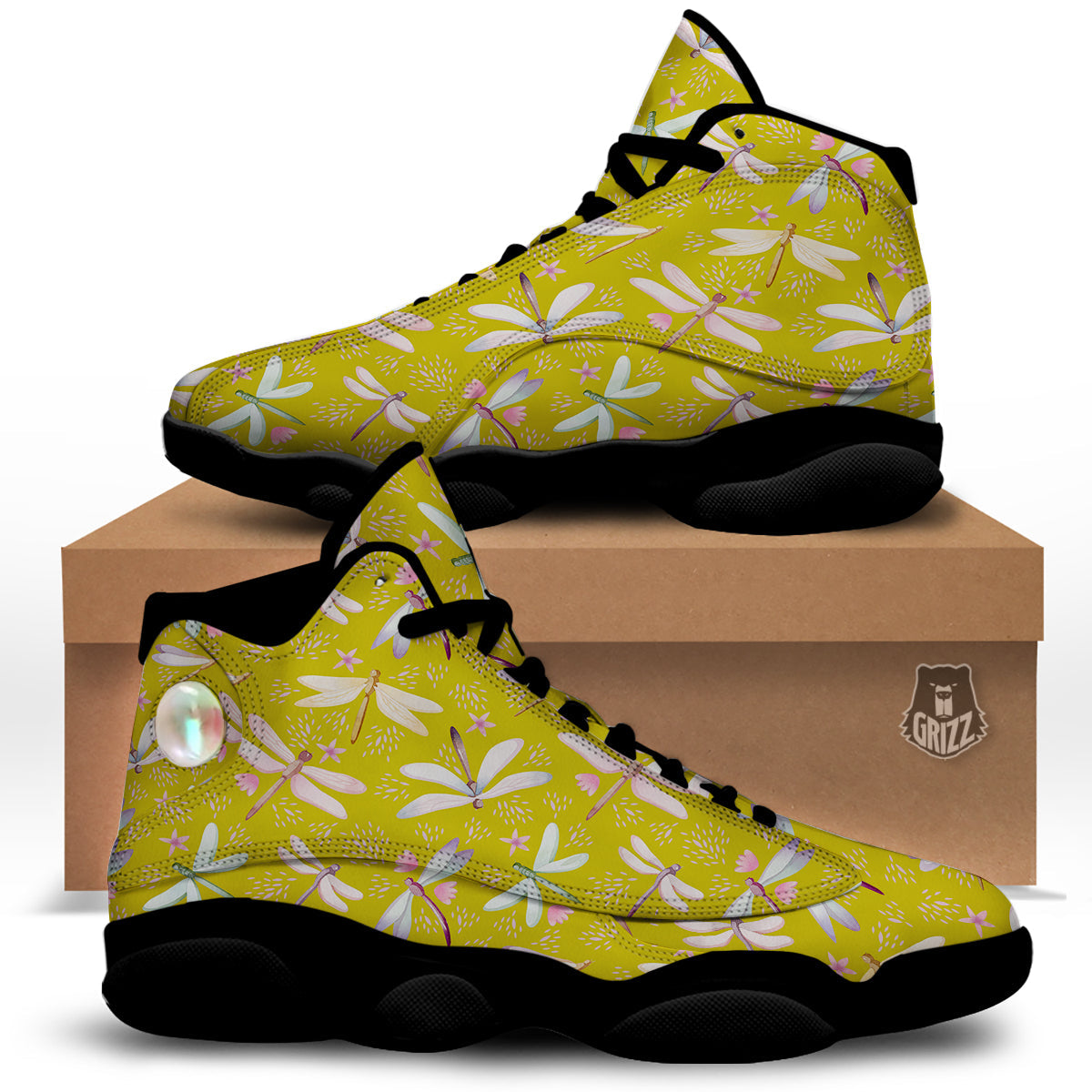 Dragonfly Yellow Watercolor Print Pattern Black Basketball Shoes-grizzshop