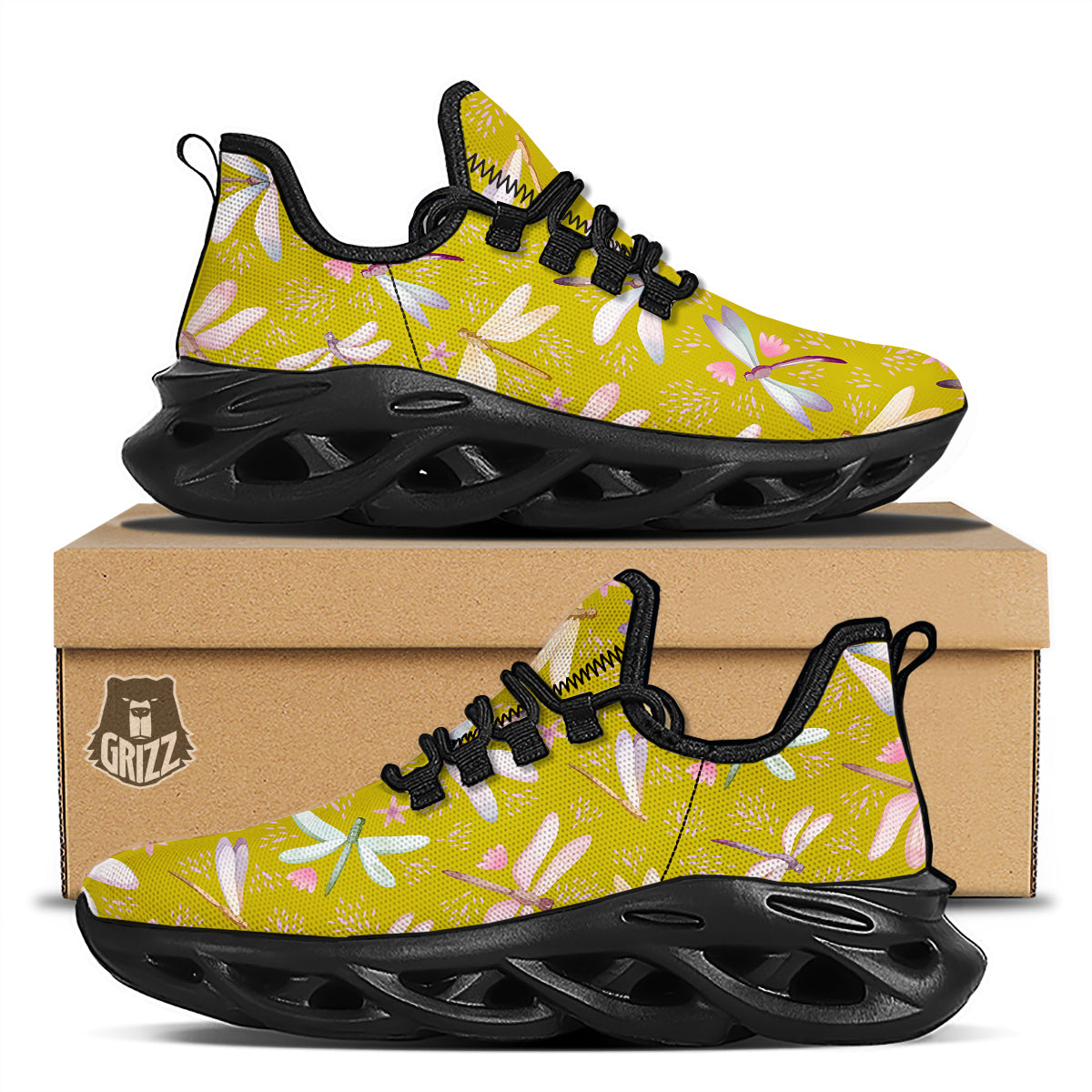 Dragonfly Yellow Watercolor Print Pattern Black Running Shoes-grizzshop