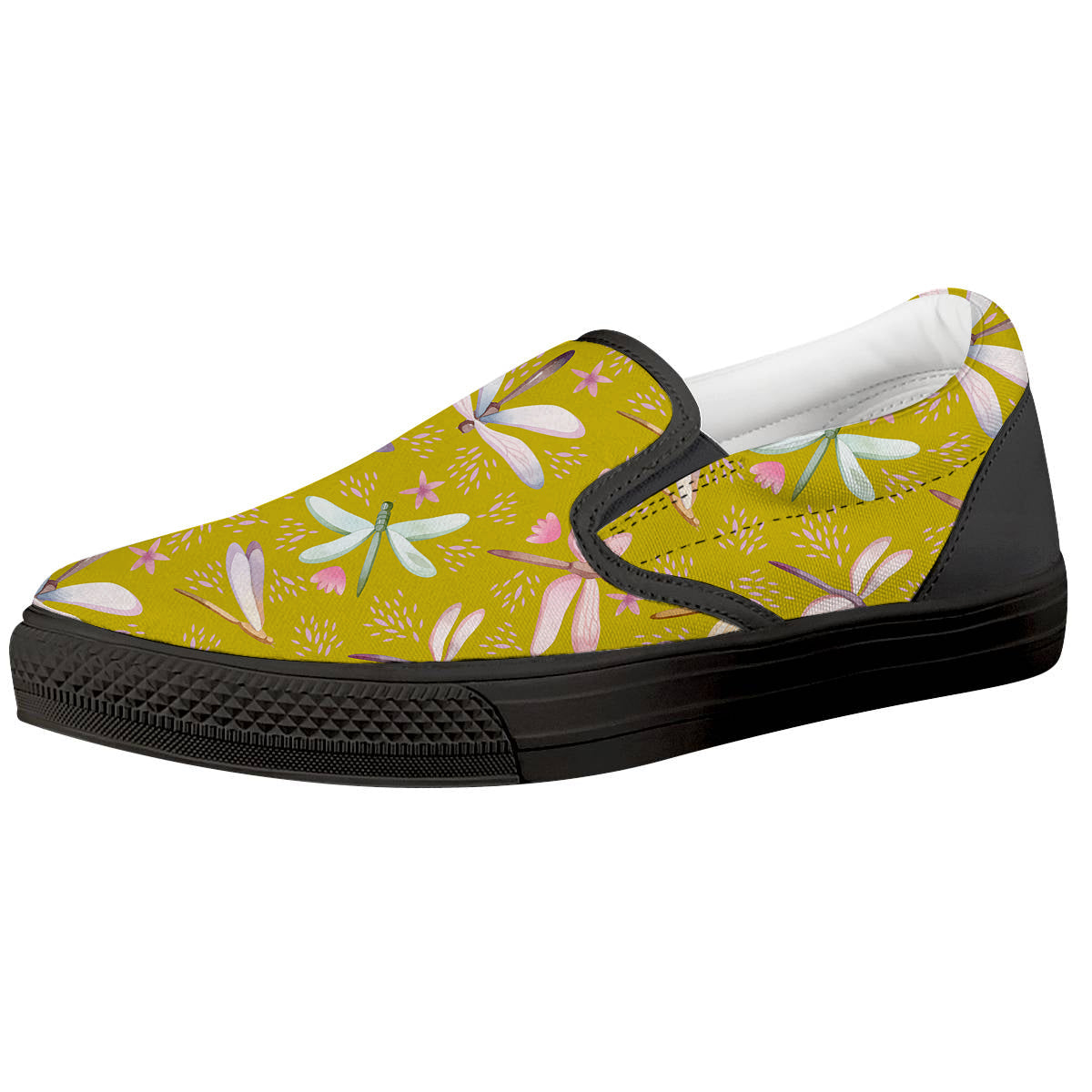 Dragonfly Yellow Watercolor Print Pattern Black Slip On Shoes-grizzshop