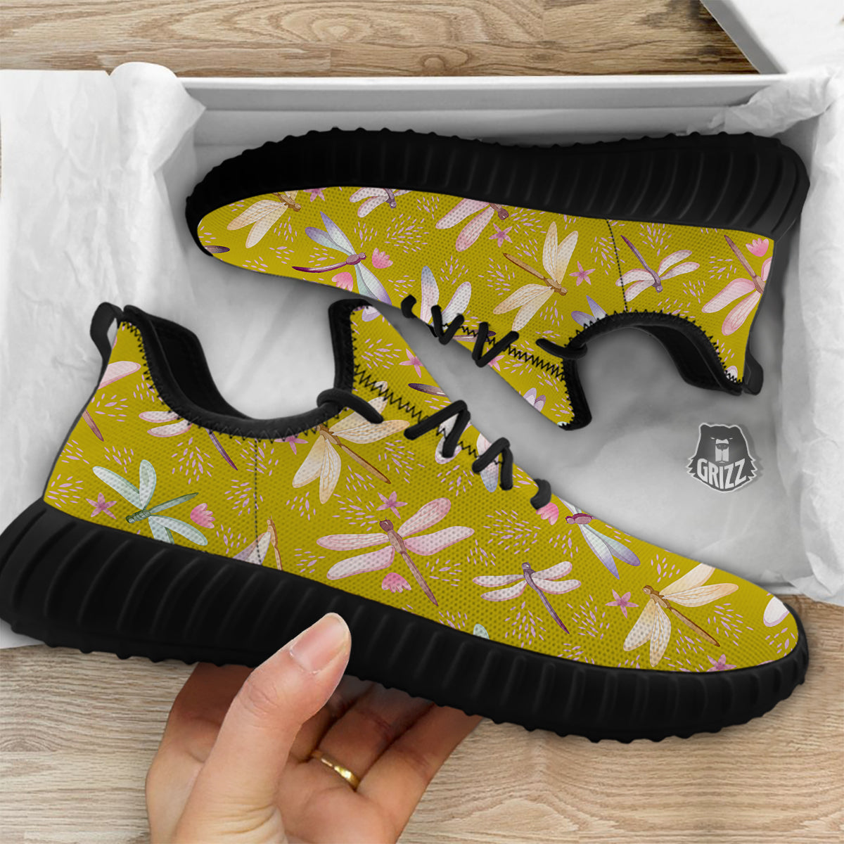 Dragonfly Yellow Watercolor Print Pattern Black Walking Shoes-grizzshop