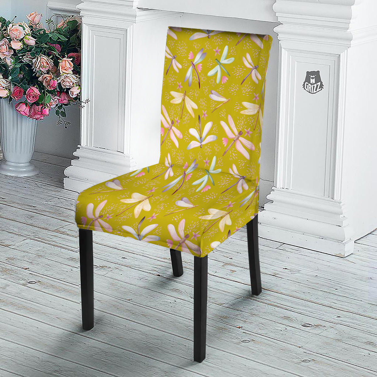 Dragonfly Yellow Watercolor Print Pattern Dining Chair Slipcover-grizzshop