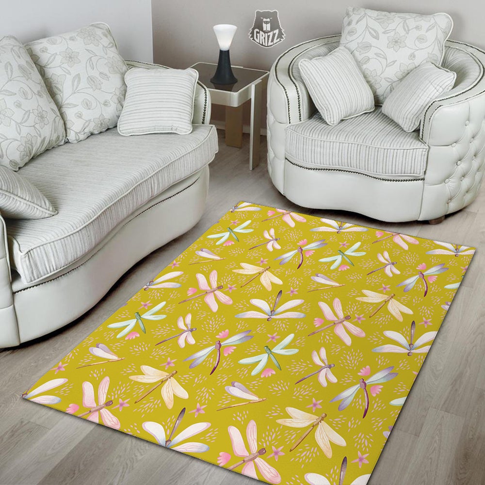 Dragonfly Yellow Watercolor Print Pattern Floor Mat-grizzshop