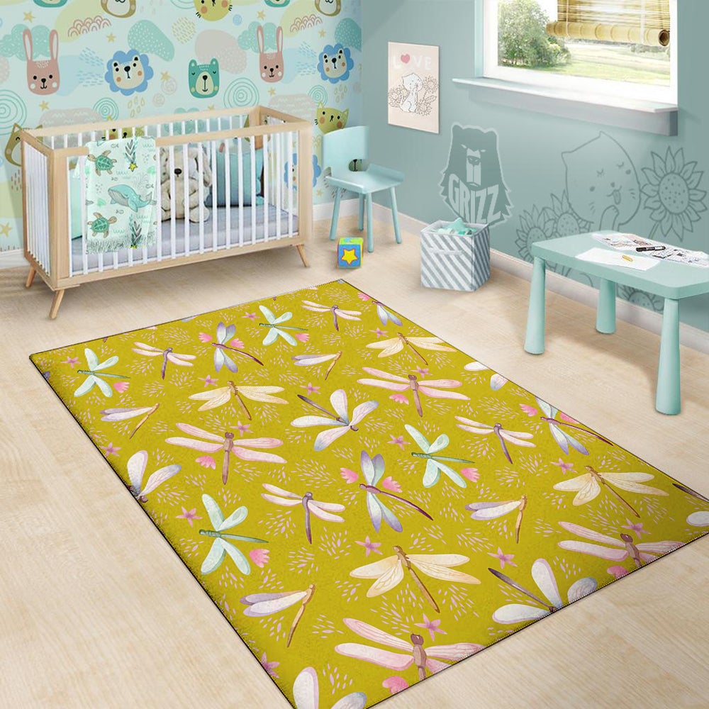 Dragonfly Yellow Watercolor Print Pattern Floor Mat-grizzshop