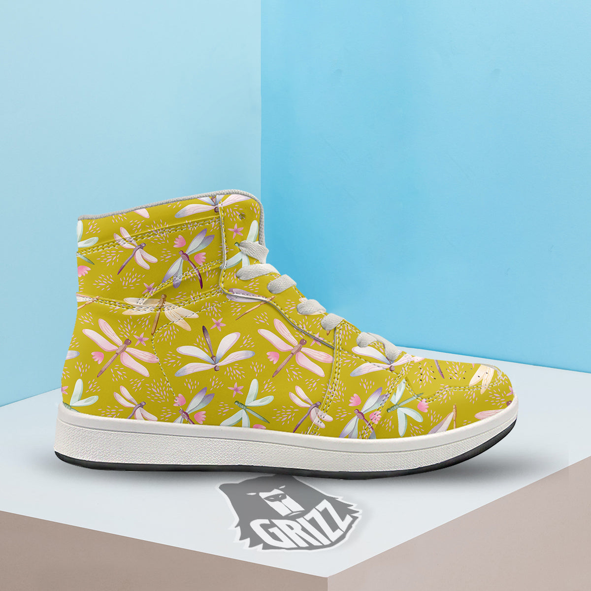 Dragonfly Yellow Watercolor Print Pattern High Top Sneakers-grizzshop
