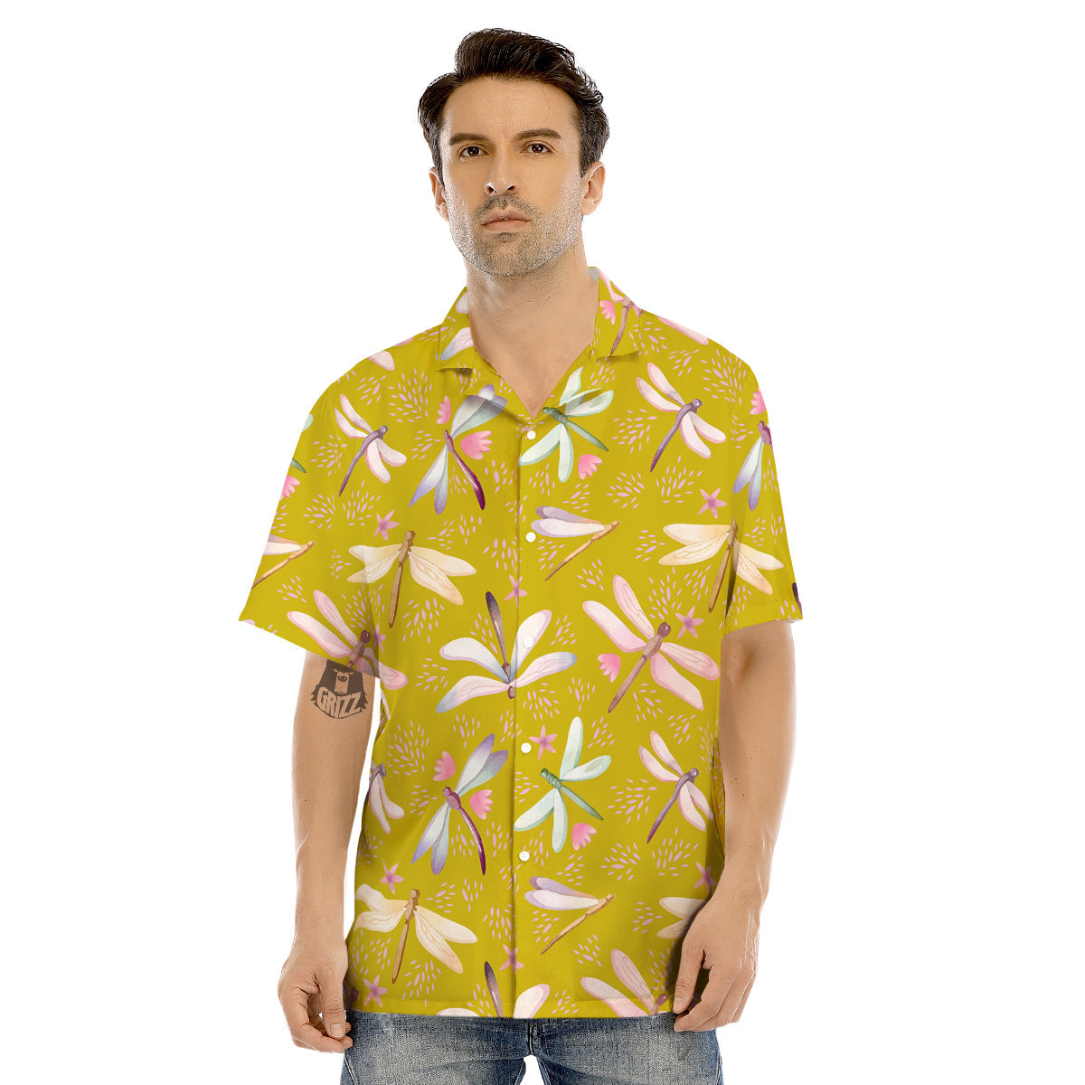 Dragonfly Yellow Watercolor Print Pattern Men's Hawaiian Shirt-grizzshop