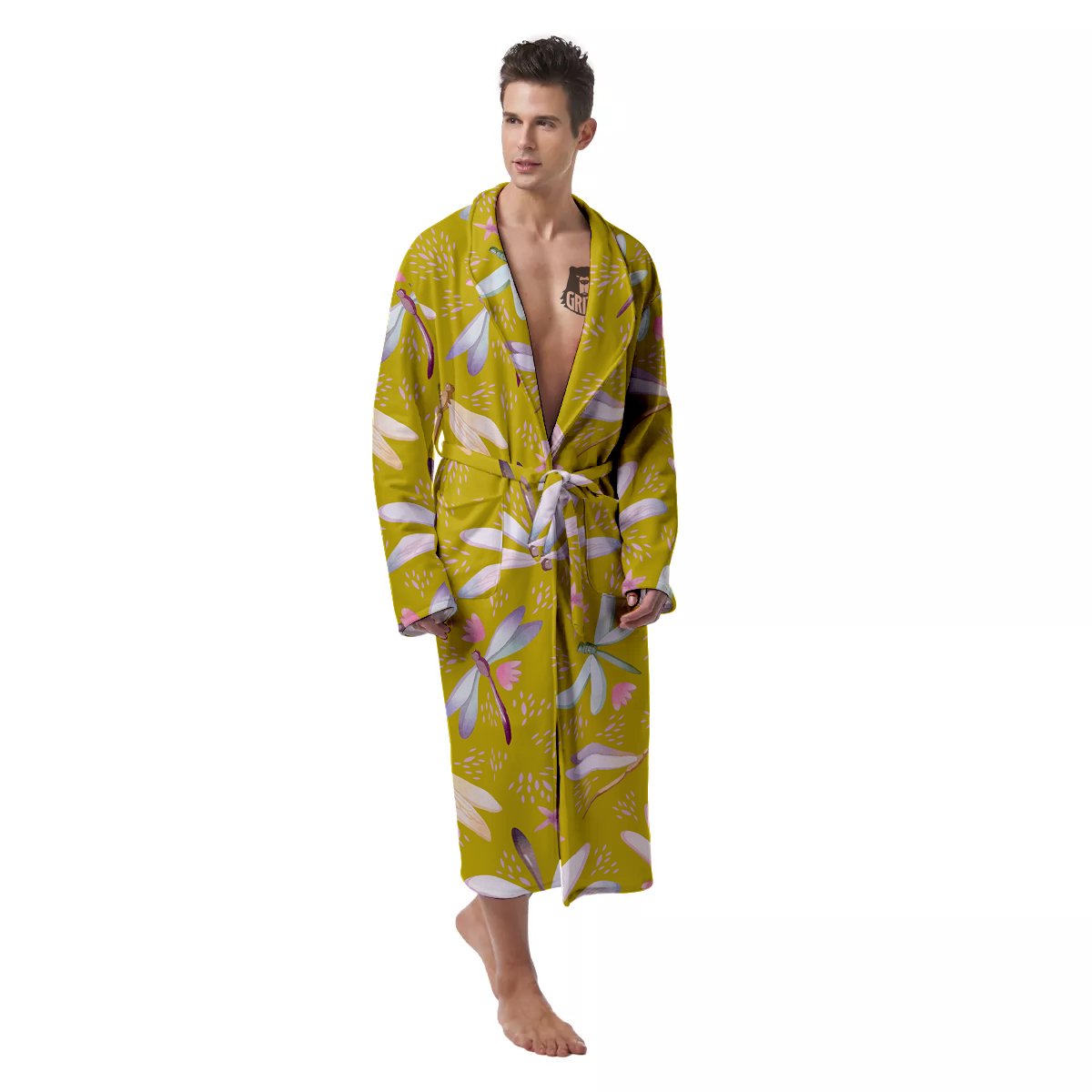 Dragonfly Yellow Watercolor Print Pattern Men's Robe-grizzshop