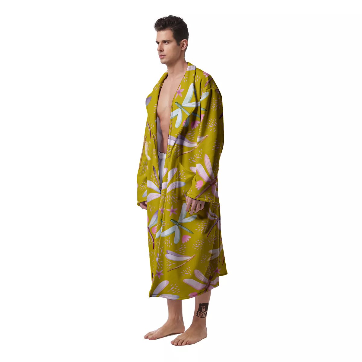 Dragonfly Yellow Watercolor Print Pattern Men's Robe-grizzshop