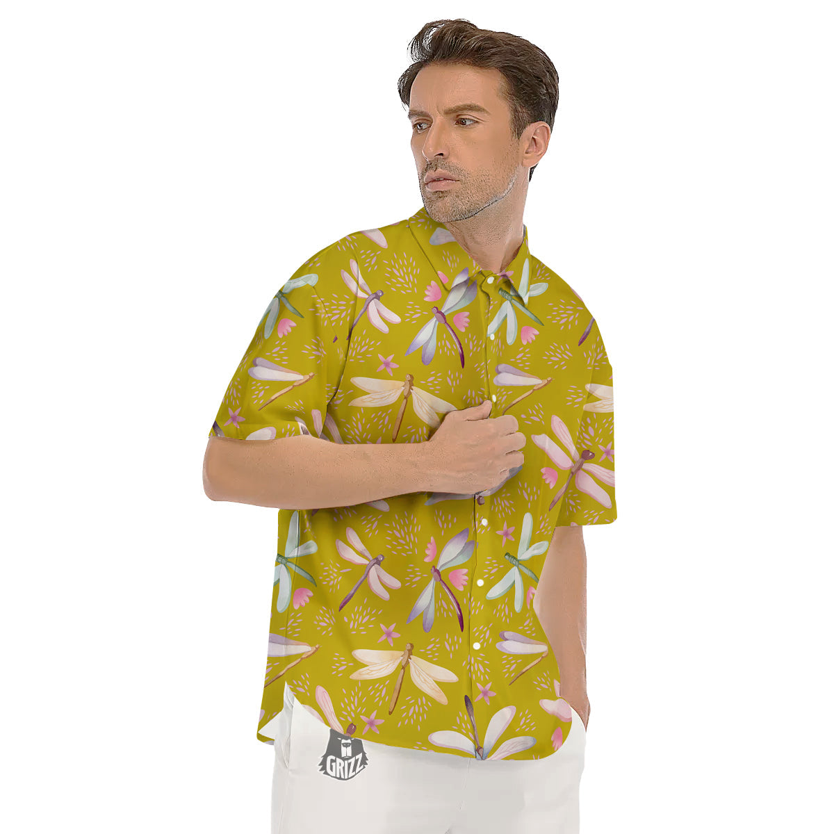 Dragonfly Yellow Watercolor Print Pattern Men's Short Sleeve Shirts-grizzshop