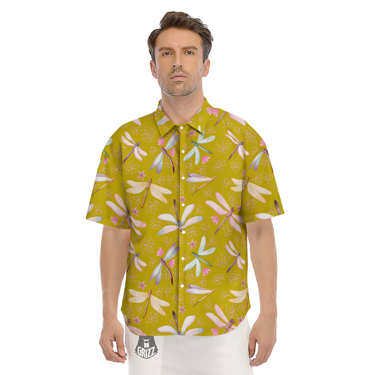 Dragonfly Yellow Watercolor Print Pattern Men's Short Sleeve Shirts-grizzshop