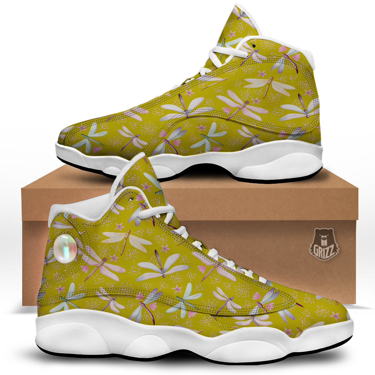 Dragonfly Yellow Watercolor Print Pattern White Basketball Shoes-grizzshop