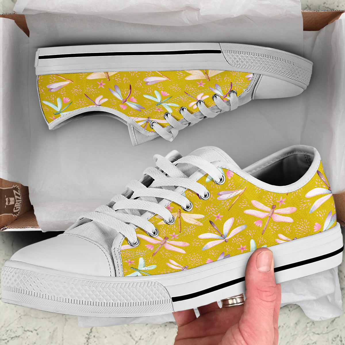 Dragonfly Yellow Watercolor Print Pattern White Low Top Shoes-grizzshop